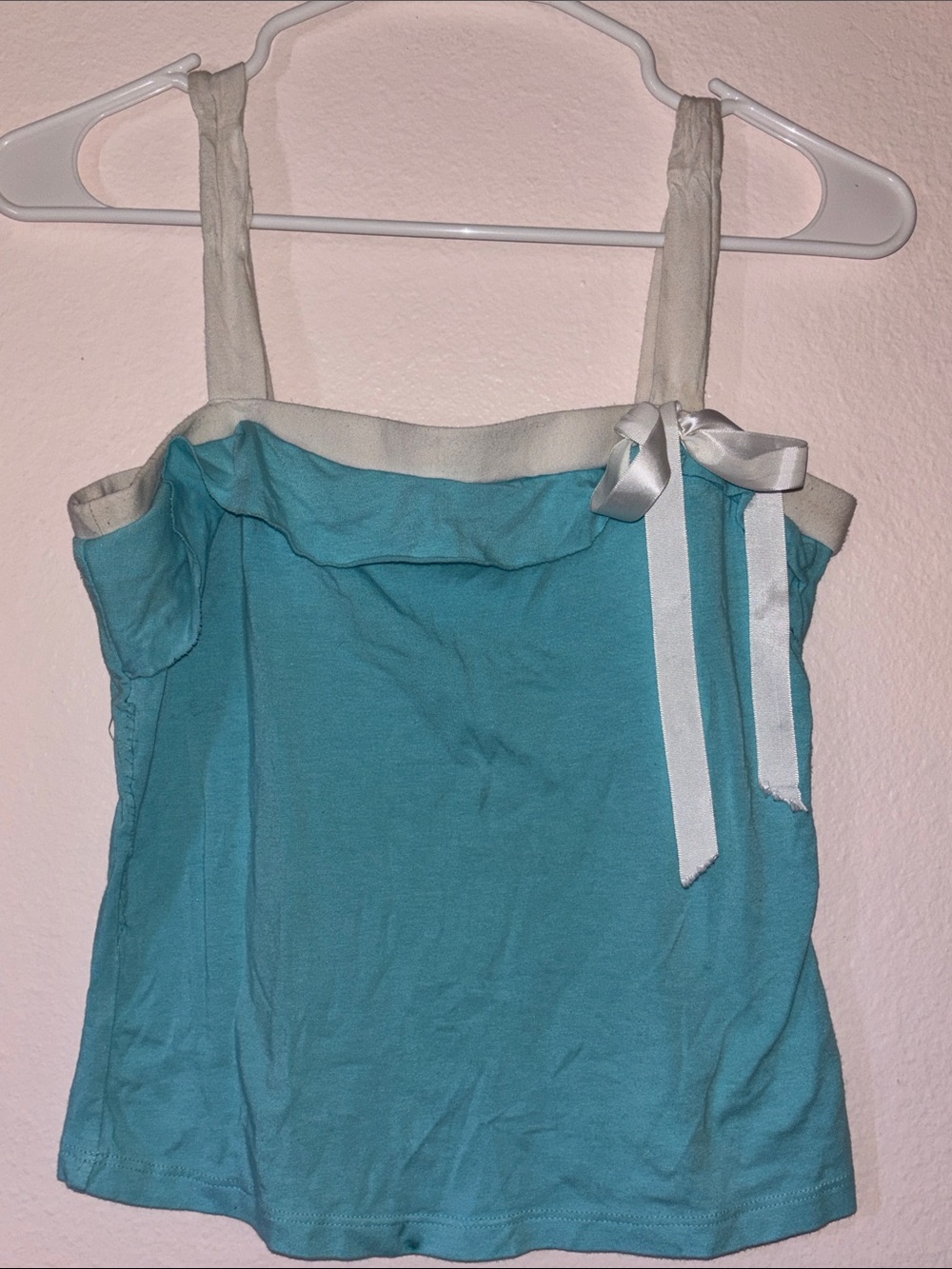 Woman’s Y2K Light Blue and White Rank Top with Front Bow, Size L